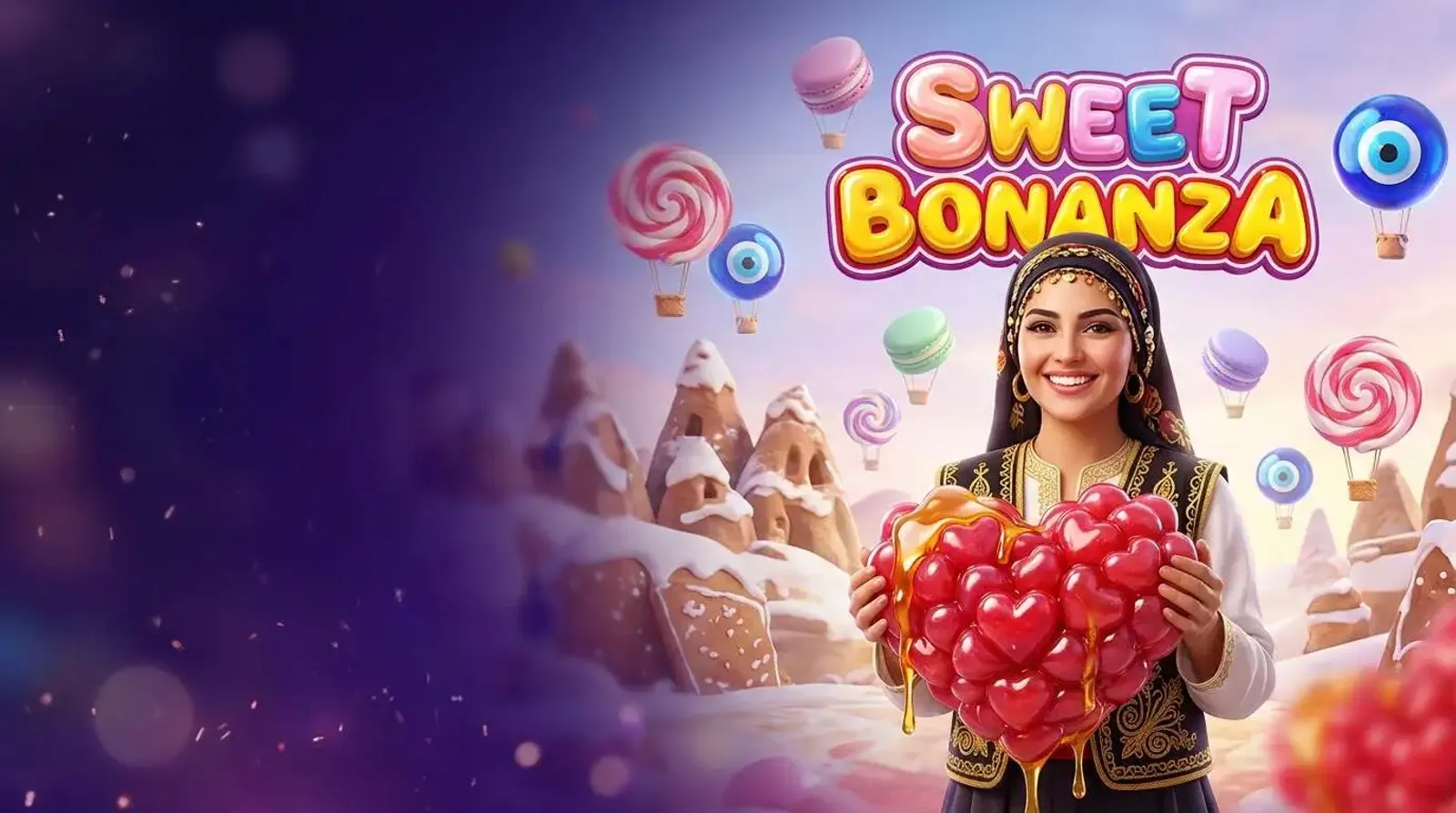 Woman holding heart candy banner